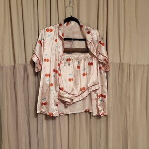 SHEIN Cherry Satin Pajama Set - Pink and Red